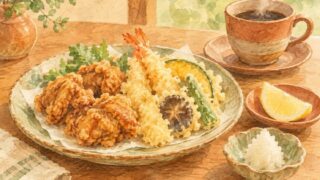 揚げ物と天ぷら、レモン・大根おろし・コーヒーの水彩イラスト