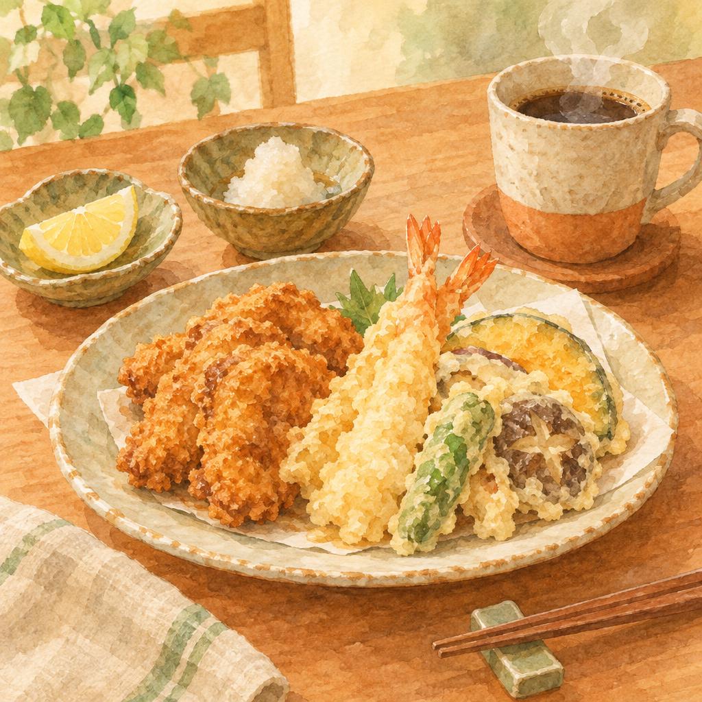 揚げ物と天ぷら、レモン・大根おろし・コーヒーの水彩イラスト