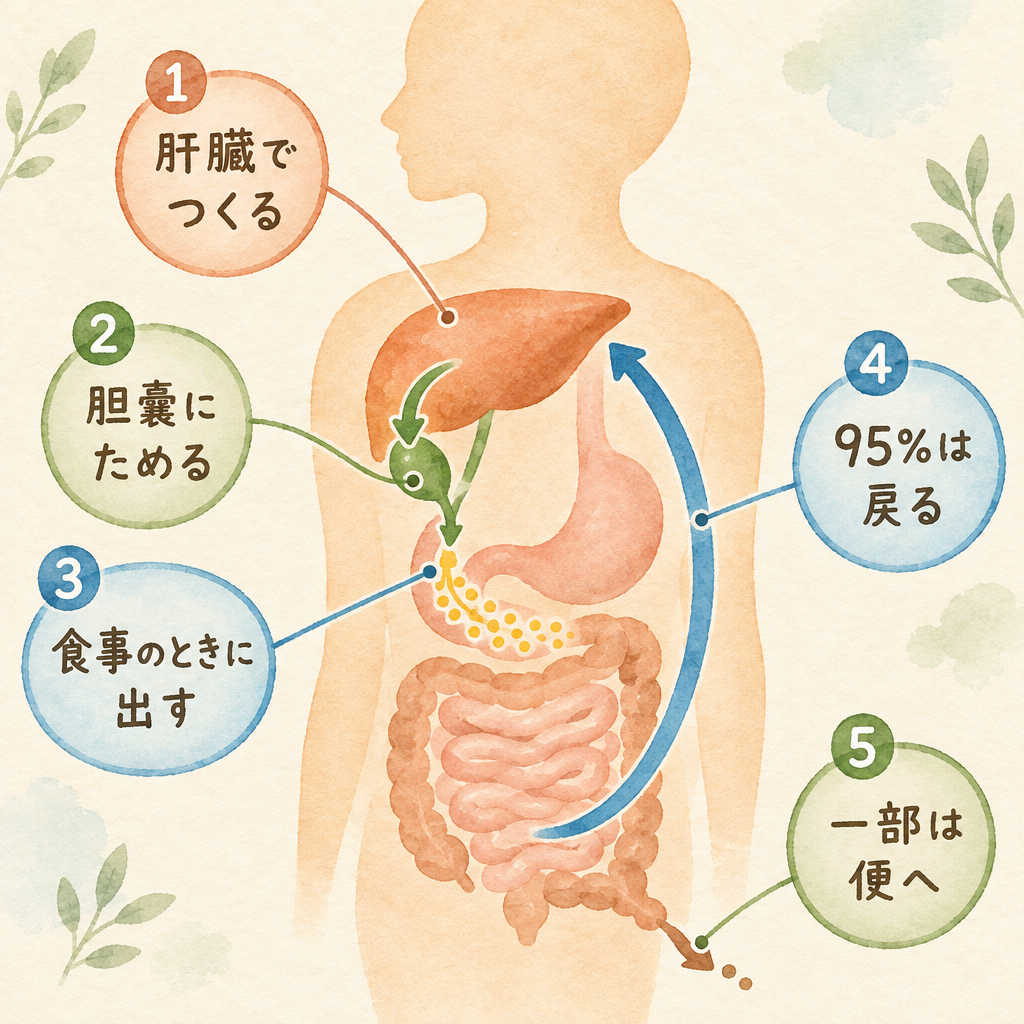 胆汁の流れ：肝臓でつくる、胆嚢にためる、食事のときに出す、95%は戻る、一部は便へ