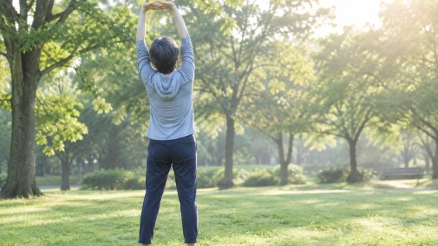 朝の公園で両腕を伸ばしてストレッチする後ろ姿
