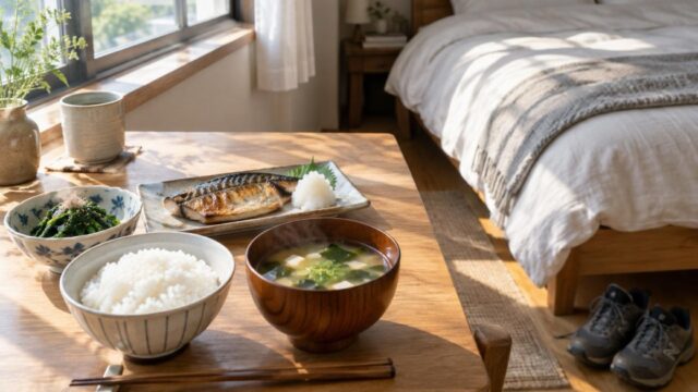 朝の光が差す窓辺の和朝食と整えたベッド、ウォーキングシューズ
