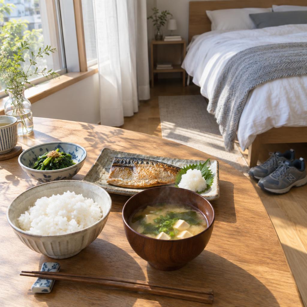 朝の光が差す窓辺の和朝食と整えたベッド、ウォーキングシューズ