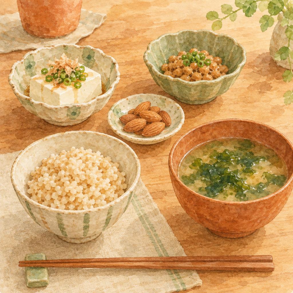 豆腐と納豆、あおさの味噌汁、アーモンド、玄米ごはんが並ぶ食卓の水彩イラスト