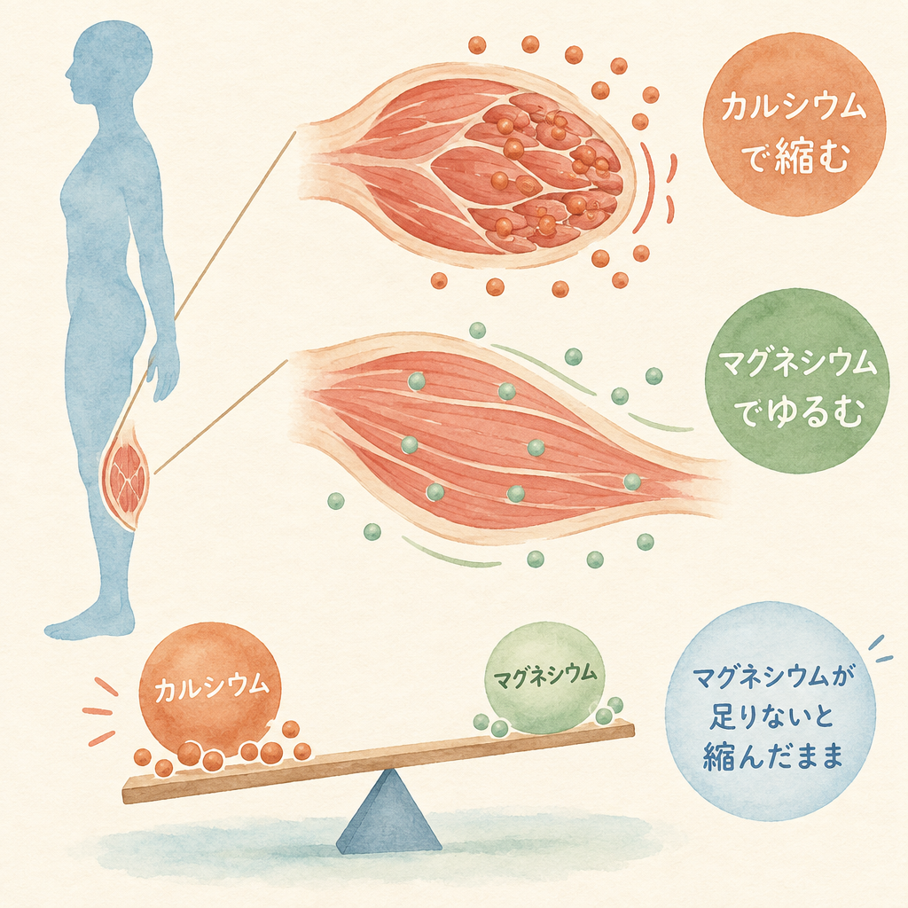 筋肉の図：カルシウムで縮む、マグネシウムでゆるむ、マグネシウムが足りないと縮んだまま