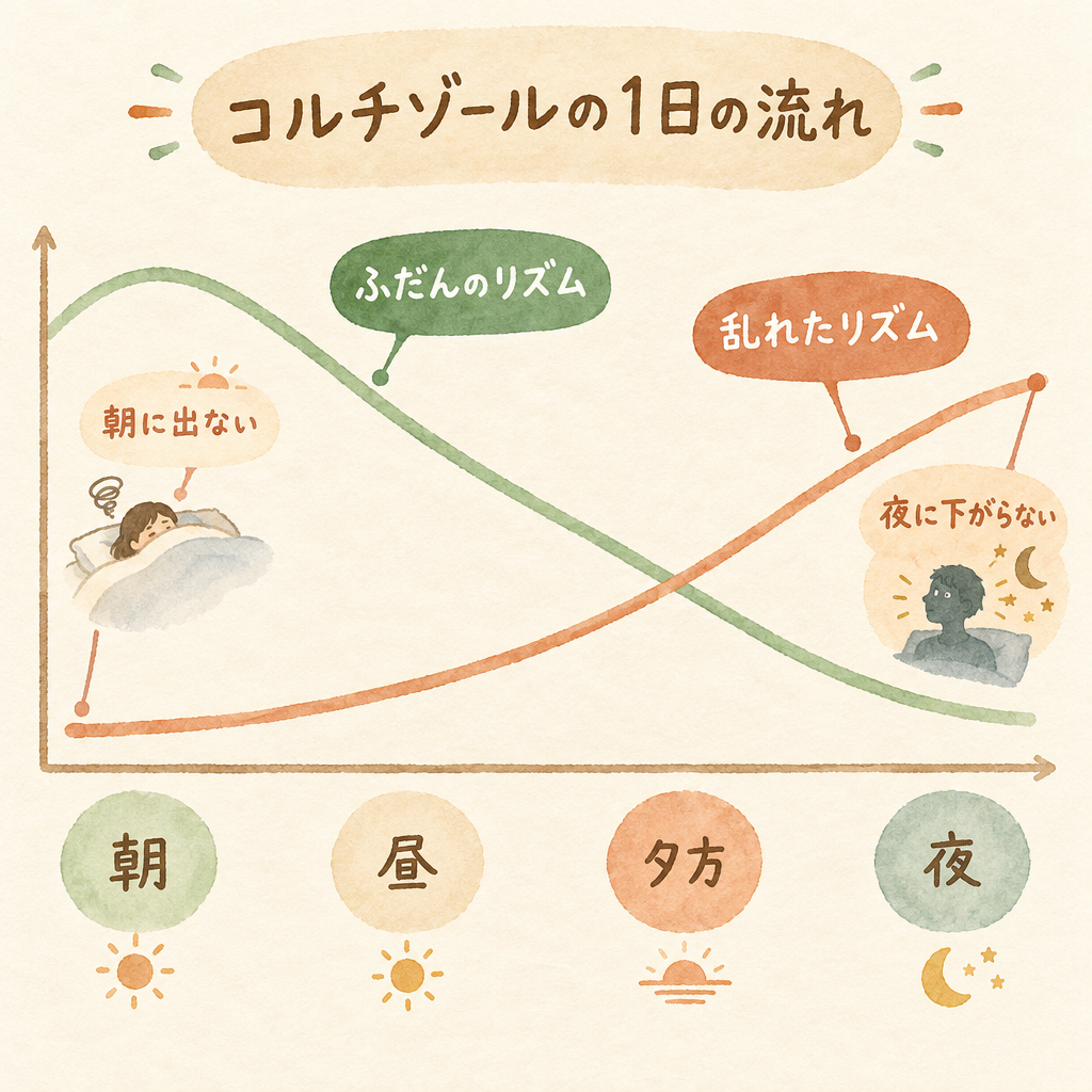 コルチゾールの1日の流れ:ふだんのリズムは朝に高く夜に下がる。乱れたリズムは朝に出ず、夜に下がらない