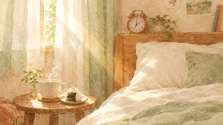 朝の光が差し込む寝室と、枕元の目覚まし時計・カップ・おにぎりの水彩イラスト