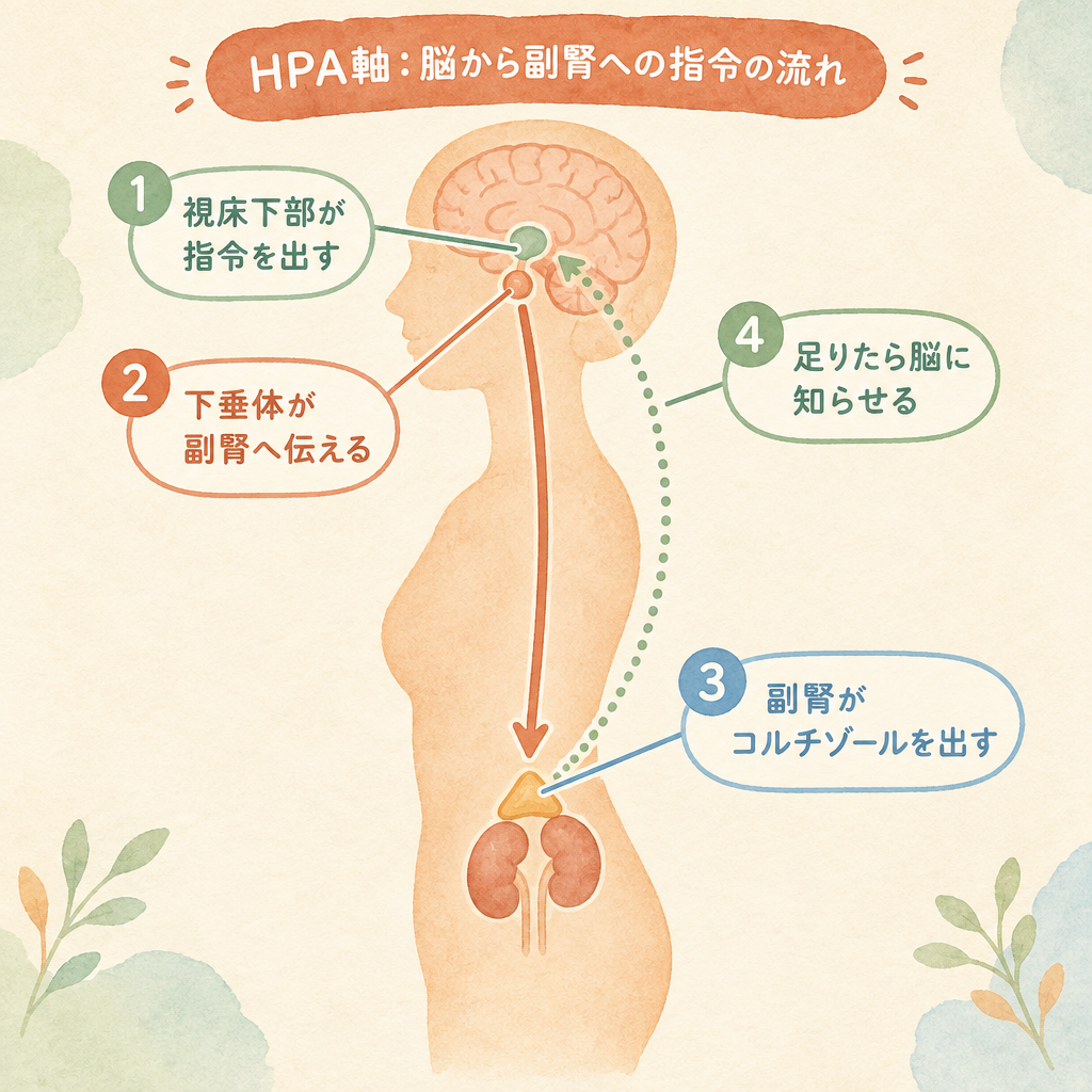 HPA軸:視床下部が指令を出し、下垂体が副腎へ伝え、副腎がコルチゾールを出す。足りたら脳に知らせる
