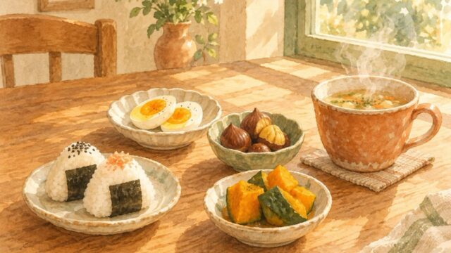 小さなおにぎり、ゆで卵、甘栗、ふかしたかぼちゃ、湯気の立つスープの水彩イラスト