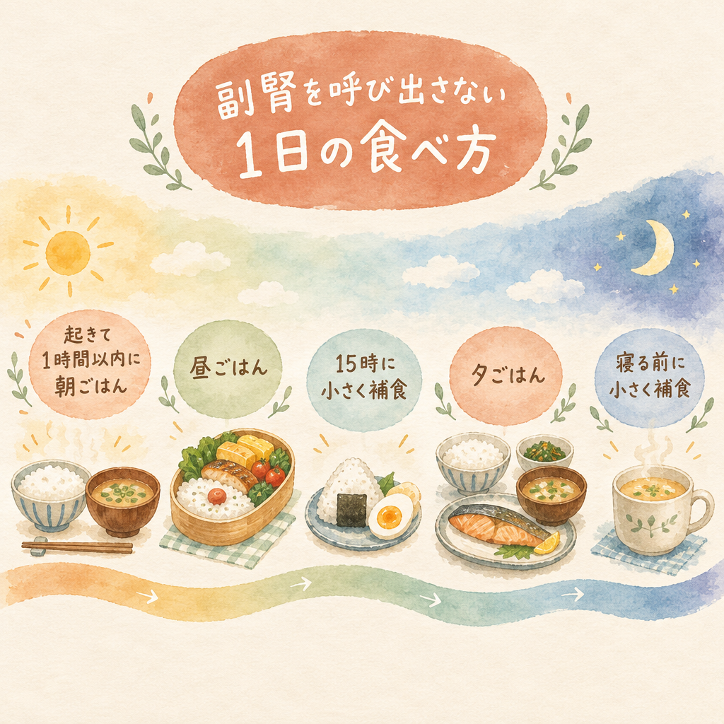 副腎を呼び出さない1日の食べ方：起きて1時間以内に朝ごはん、昼ごはん、15時に小さく補食、夕ごはん、寝る前に小さく補食