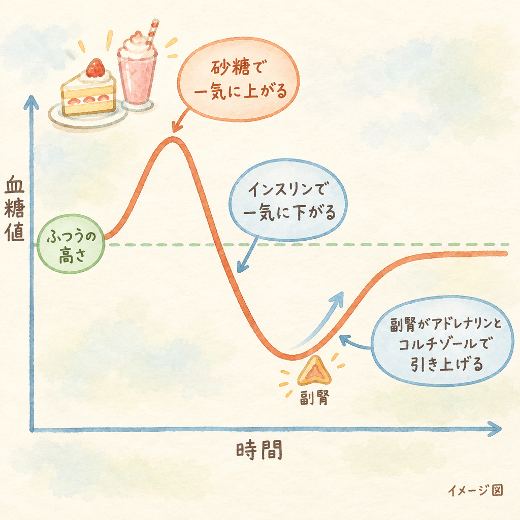 砂糖で血糖値が一気に上がり、インスリンで一気に下がり、副腎がアドレナリンとコルチゾールで引き上げる（イメージ図）