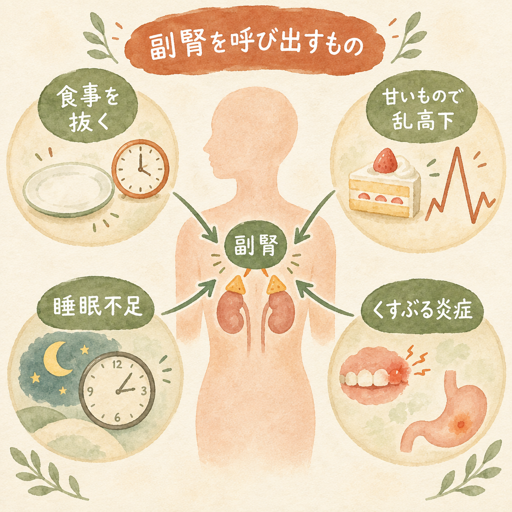 副腎を呼び出すもの：食事を抜く、甘いものの急上昇と急降下、睡眠不足、体の中の炎症