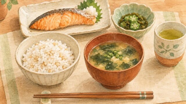 押麦ごはん、わかめの味噌汁、焼き鮭、オクラとめかぶの小鉢の水彩イラスト