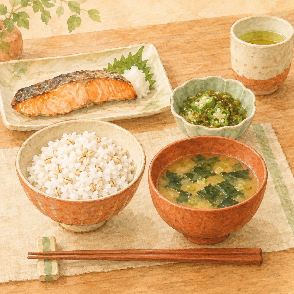 押麦ごはん、わかめの味噌汁、焼き鮭、オクラとめかぶの小鉢の水彩イラスト