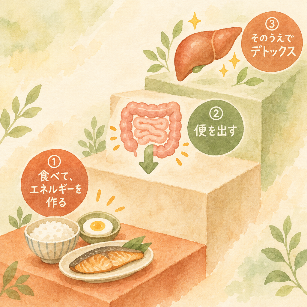 整える順番：食べてエネルギーを作る、便を出す、そのうえでデトックス