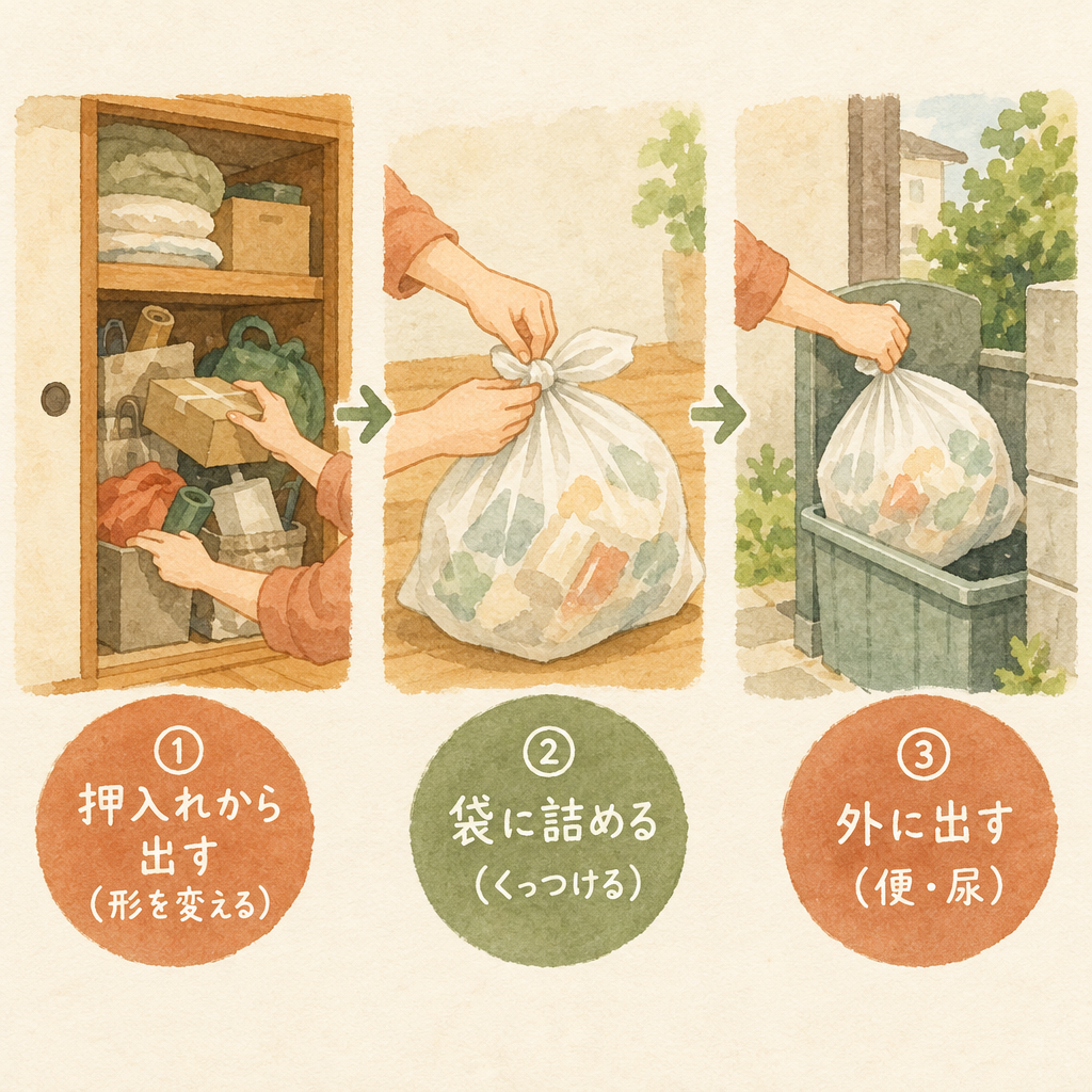 解毒の3段階：押入れから出す、袋に詰める、外に出す