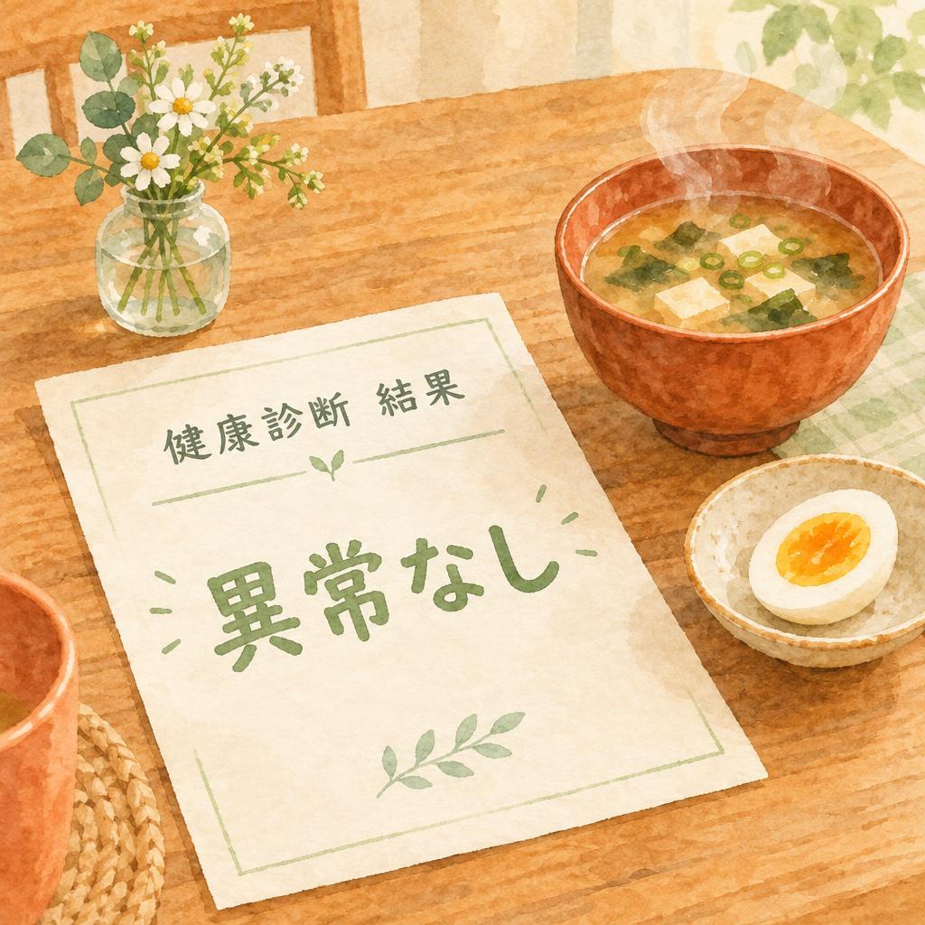 健康診断の結果の用紙と味噌汁、ゆで卵の水彩イラスト