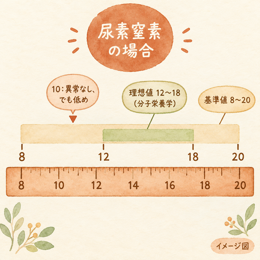 尿素窒素の基準値8〜20の中に、理想値12〜18がある図