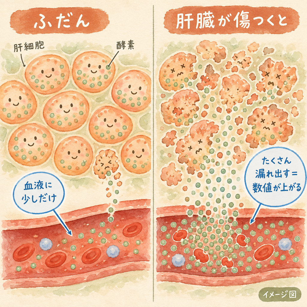 肝臓の細胞が傷つくと、酵素が血液に多く漏れ出す図