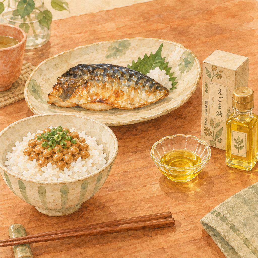 焼いたさばと納豆ごはん、紙箱のえごま油の水彩イラスト