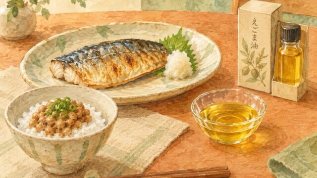 焼いたさばと納豆ごはん、紙箱のえごま油の水彩イラスト