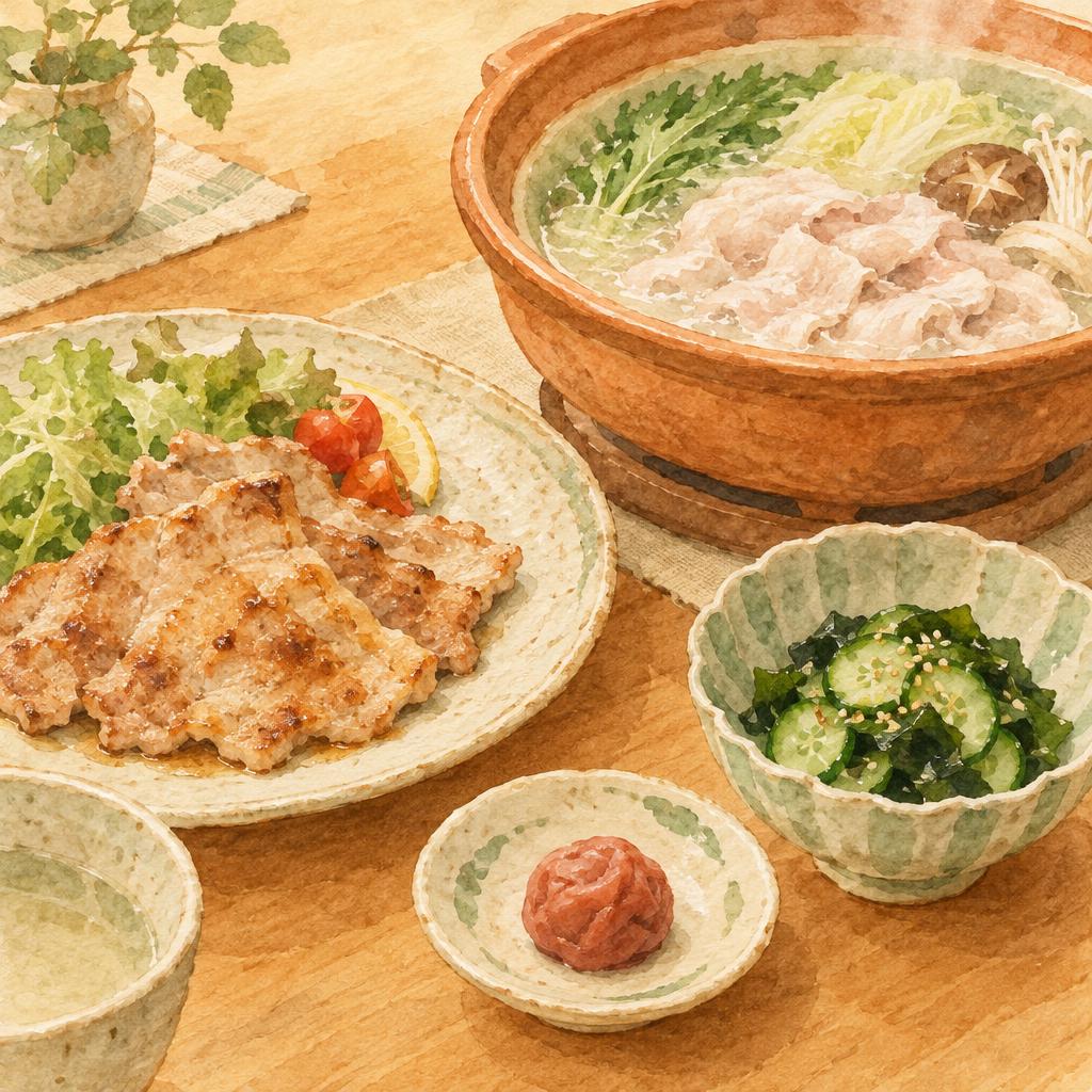 焼いたお肉としゃぶしゃぶ、梅干しと酢の物が並ぶ食卓の水彩イラスト