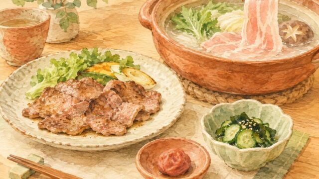 焼いたお肉としゃぶしゃぶ、梅干しと酢の物が並ぶ食卓の水彩イラスト