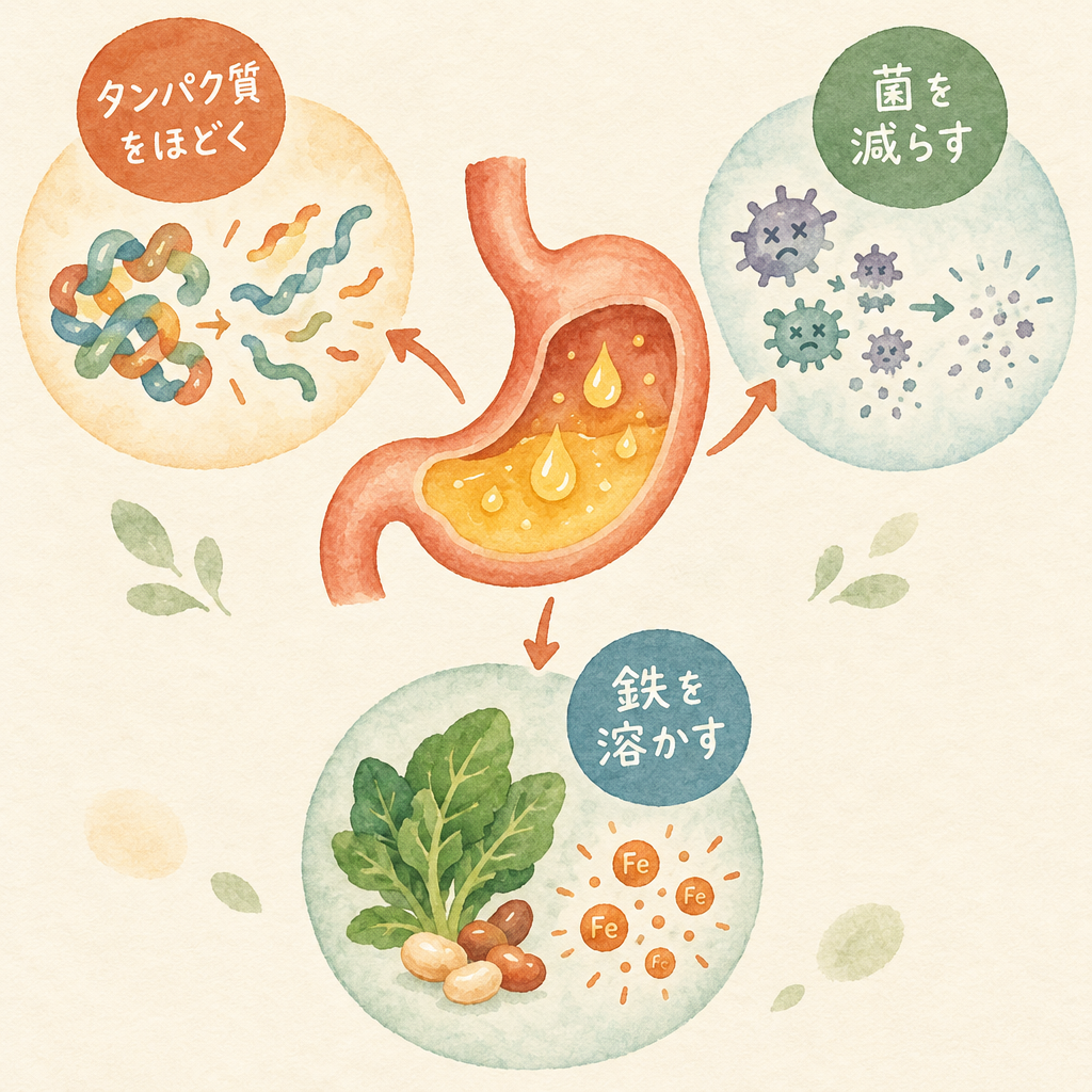 胃酸の3つの仕事：タンパク質をほどく、菌を減らす、鉄を溶かす
