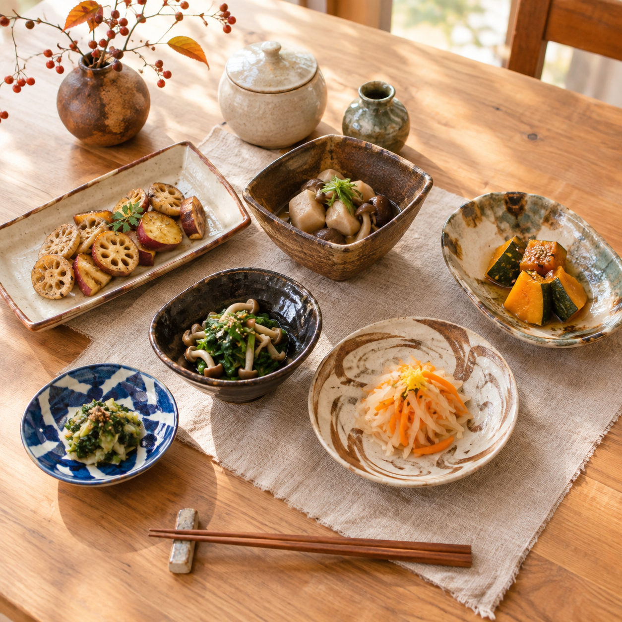 いろいろな器に盛り分けたお料理