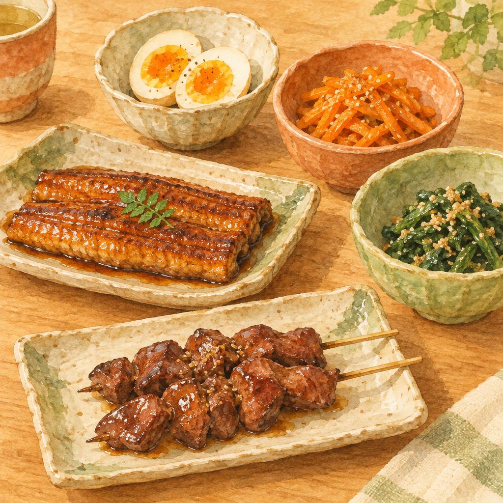 レバーの焼き鳥、うなぎのかば焼き、ゆで卵、にんじんの炒め物、ほうれん草のごま和えが並ぶ食卓の水彩イラスト