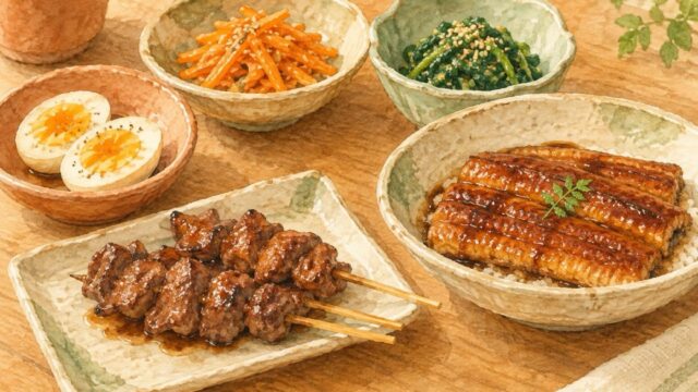 レバーの焼き鳥、うなぎのかば焼き、ゆで卵、にんじんの炒め物、ほうれん草のごま和えが並ぶ食卓の水彩イラスト