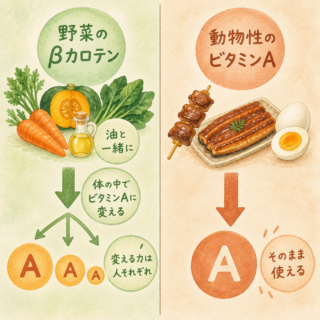 野菜のβカロテンは油と一緒に。体の中でビタミンAに変える力は人それぞれ。動物性のビタミンAはそのまま使える