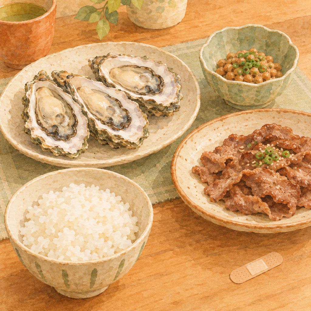 殻つきの牡蠣、牛肉、納豆、ごはんと、そばに置かれた絆創膏の水彩イラスト