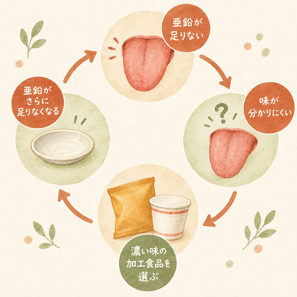 濃い味のループ：亜鉛が足りない、味が分かりにくい、濃い味の加工食品を選ぶ、亜鉛がさらに足りなくなる