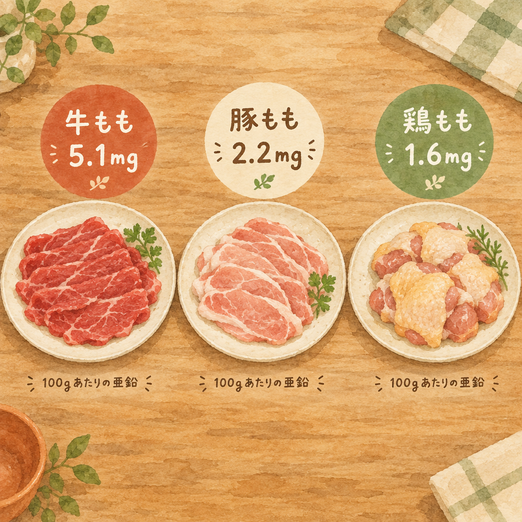 100gあたりの亜鉛：牛もも5.1mg、豚もも2.2mg、鶏もも1.6mg