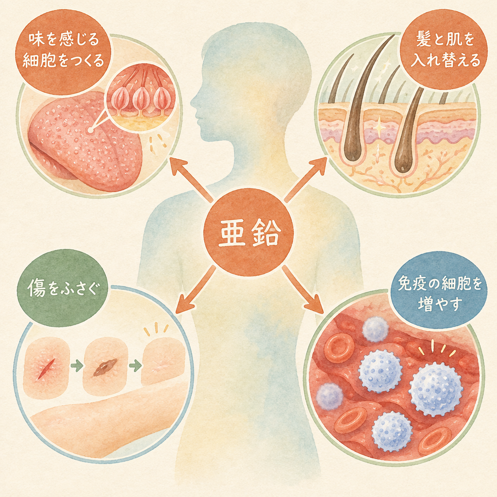亜鉛が働く場所：味を感じる細胞をつくる、傷をふさぐ、髪と肌を入れ替える、免疫の細胞を増やす